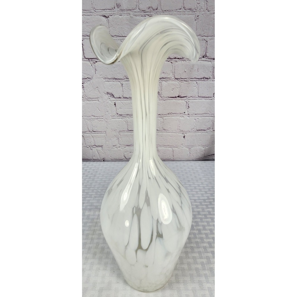 Vintage Murano Vase Blown Glass Ruffled Top 14" White Spatter/Swirl Stunning!